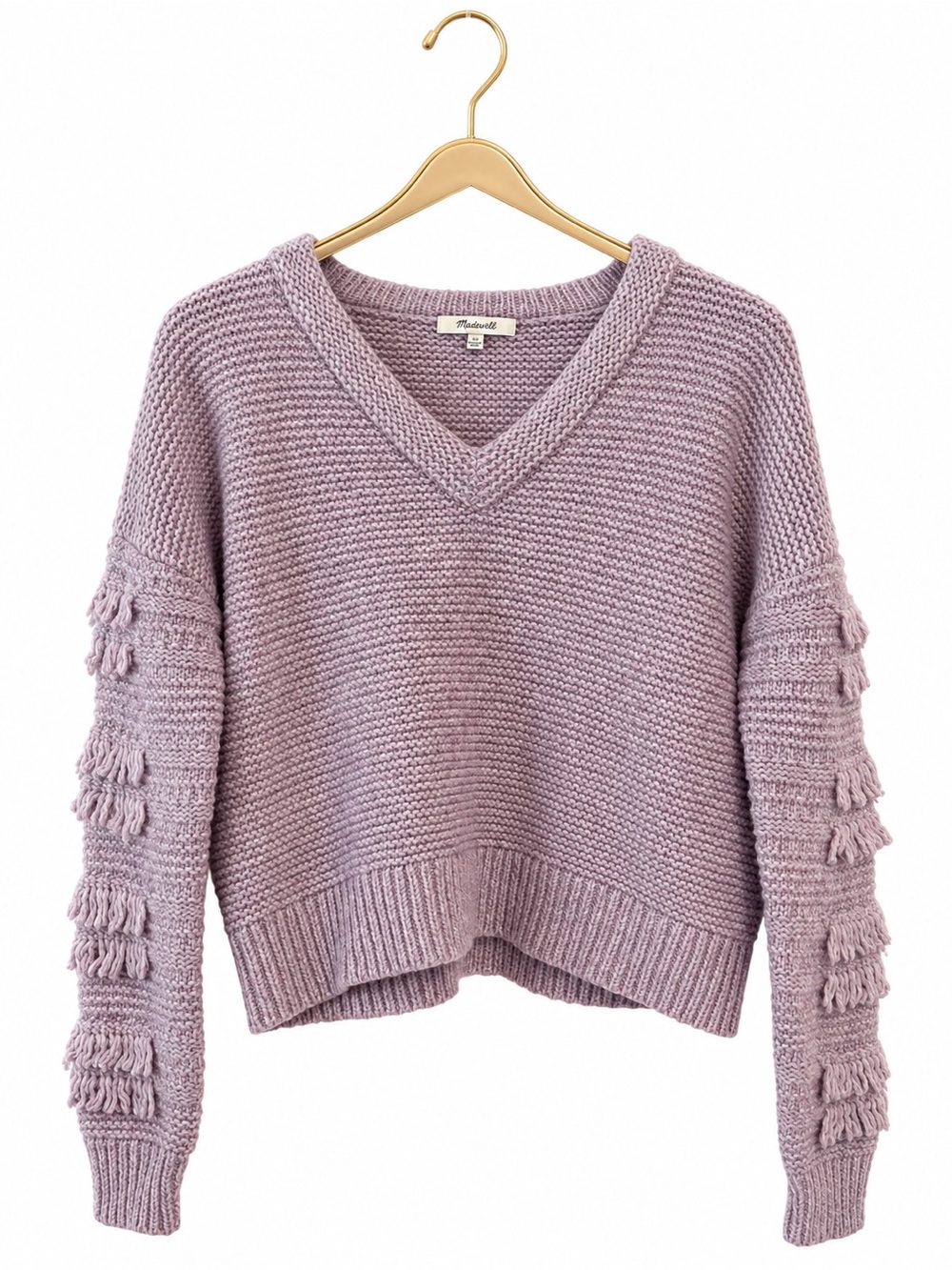 Madewell Sweater XS Purple Solid Knit V-Neck Fringe Long Sleeve Pullover Winter